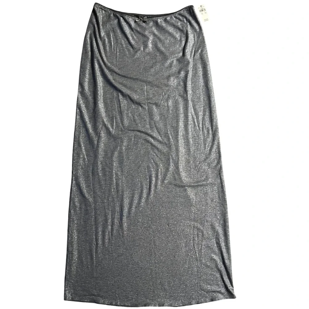 Aerie‎ Silver Metallic Maxi Skirt Y2K Shimmer Lace Trim Bow Small NEW by
